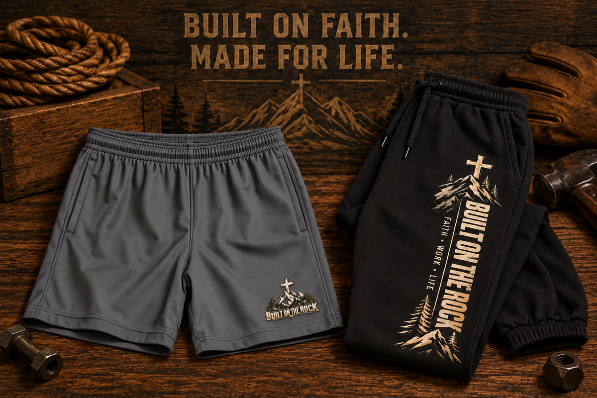 Gray Built on the Rock athletic shorts and black sweatpants on a rustic wooden workbench