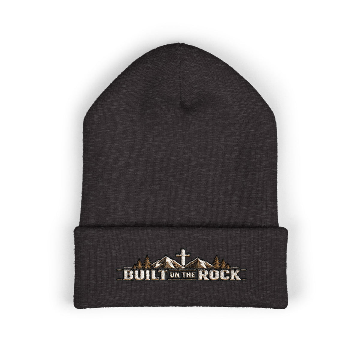 Built on the Rock — Mountain Cross Embroidered Cuffed Beanie