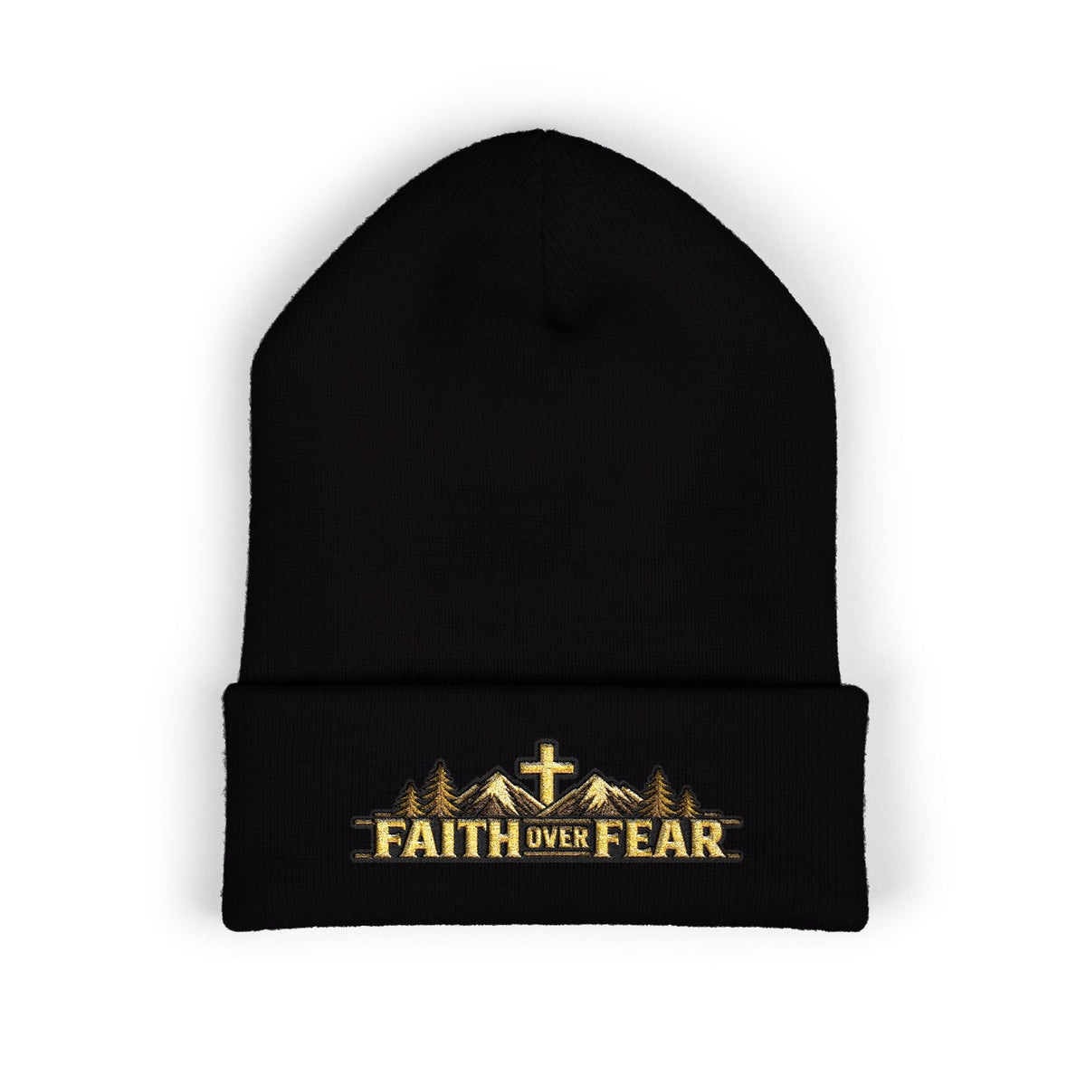 Faith Over Fear — Mountain Cross Embroidered Cuffed Beanie