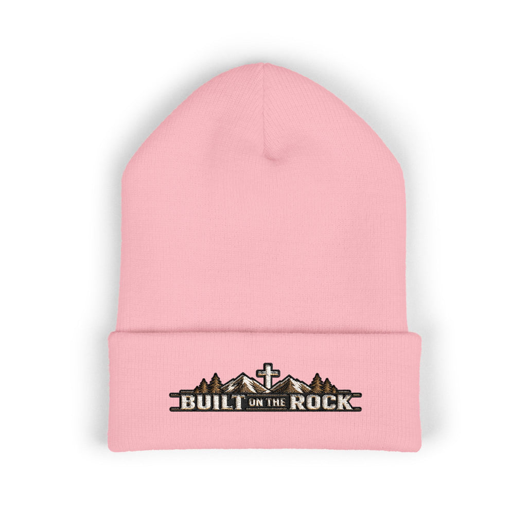 Built on the Rock — Mountain Cross Embroidered Cuffed Beanie