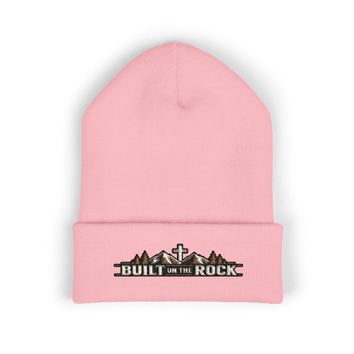 Built on the Rock — Mountain Cross Embroidered Cuffed Beanie