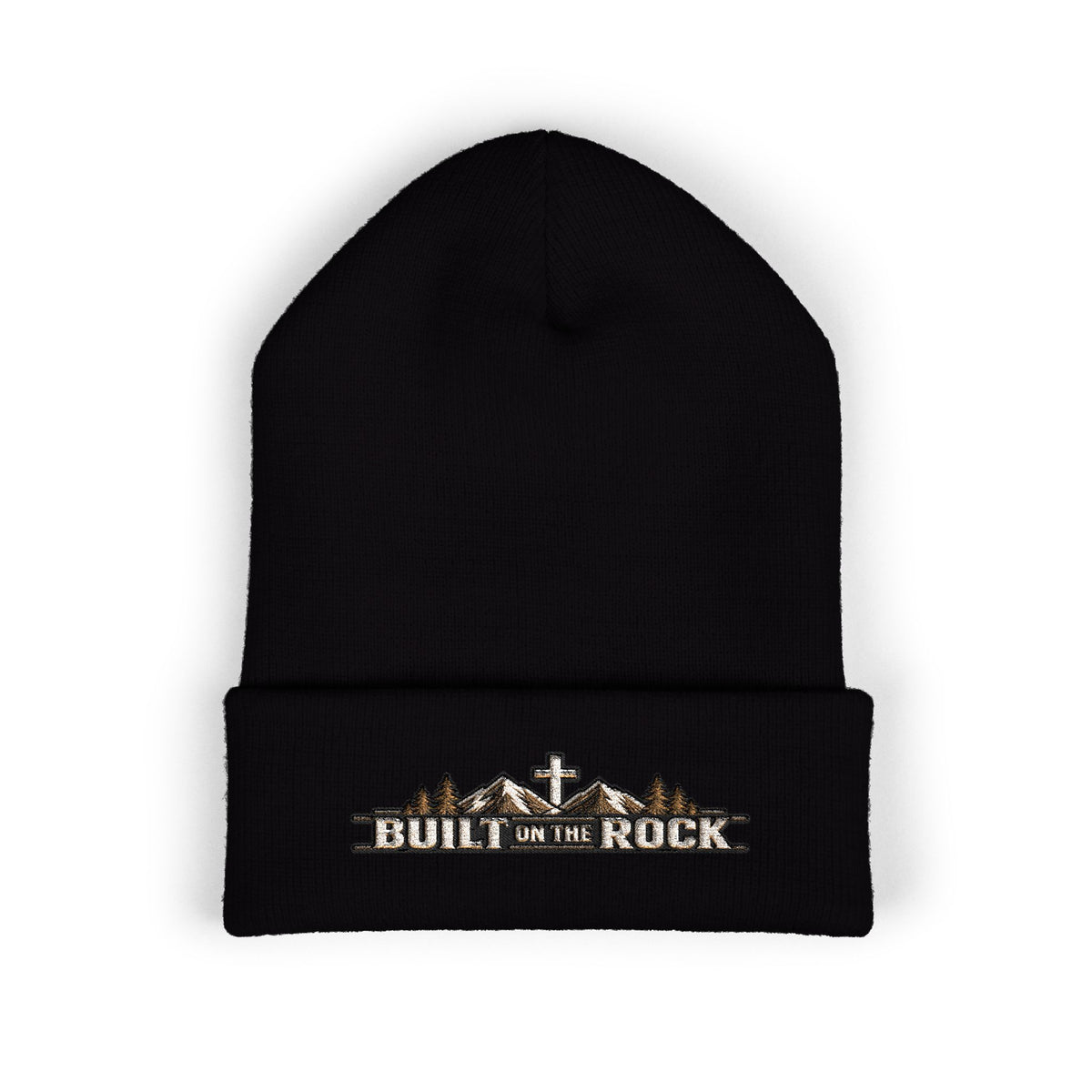 Built on the Rock — Mountain Cross Embroidered Cuffed Beanie