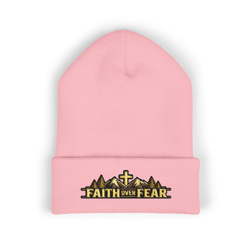 Faith Over Fear — Mountain Cross Embroidered Cuffed Beanie