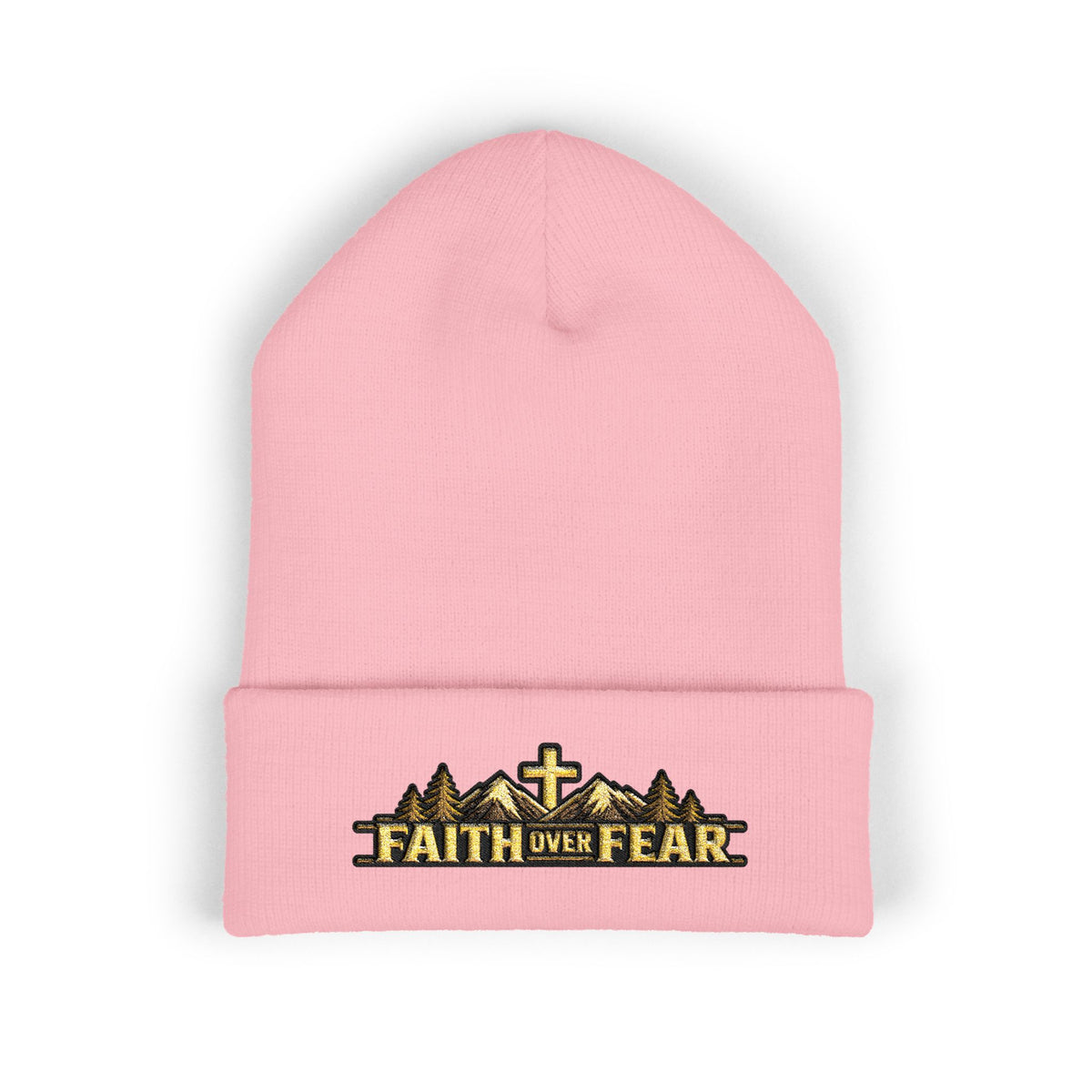 Faith Over Fear — Mountain Cross Embroidered Cuffed Beanie