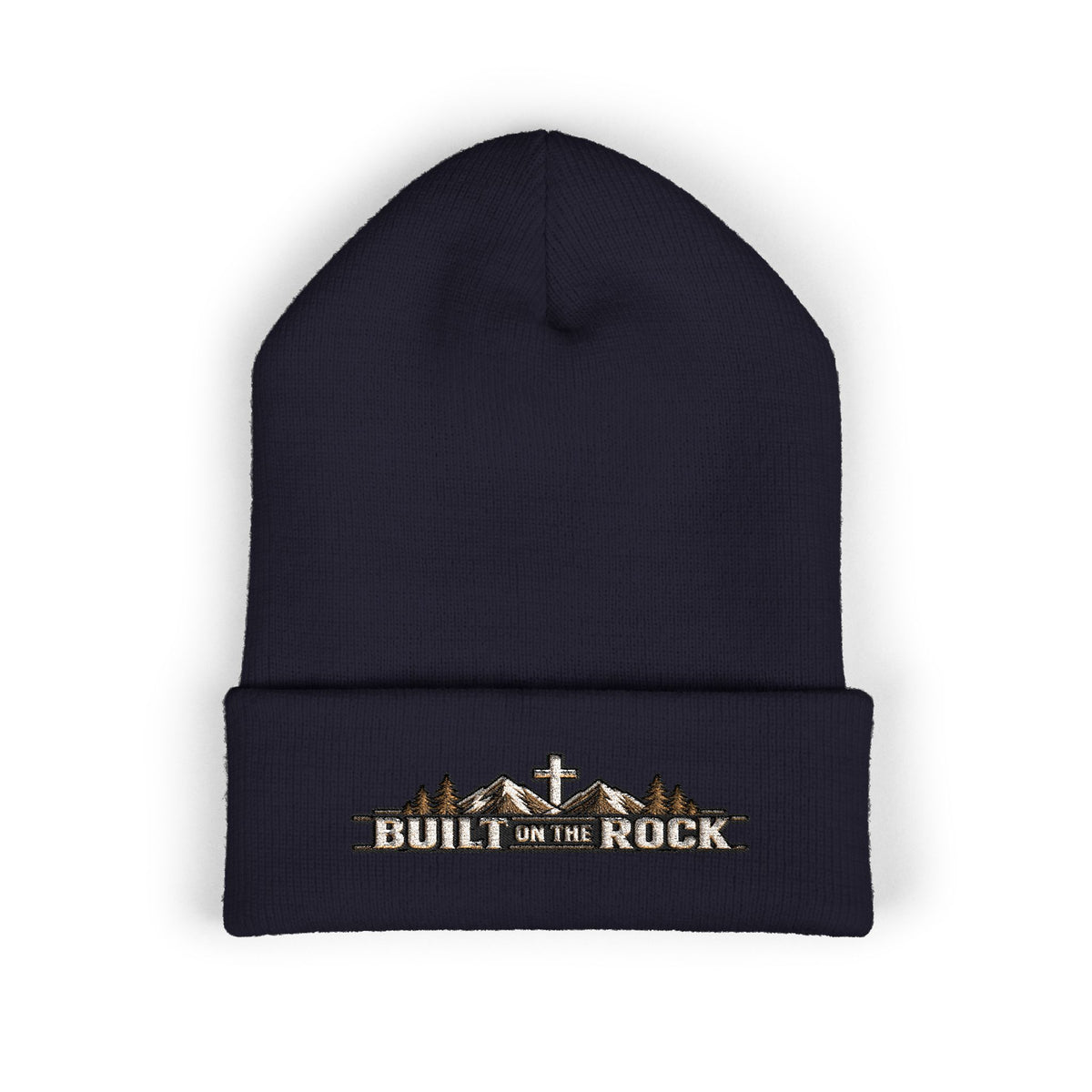 Built on the Rock — Mountain Cross Embroidered Cuffed Beanie
