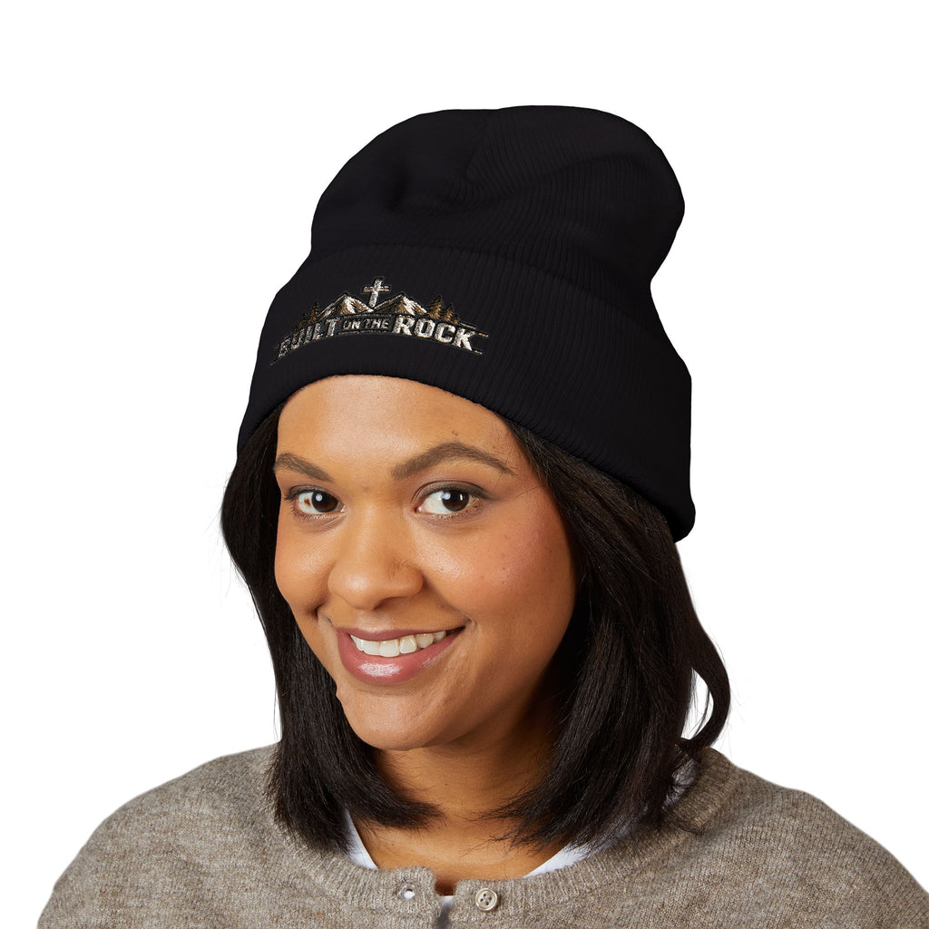 Built on the Rock — Mountain Cross Embroidered Cuffed Beanie