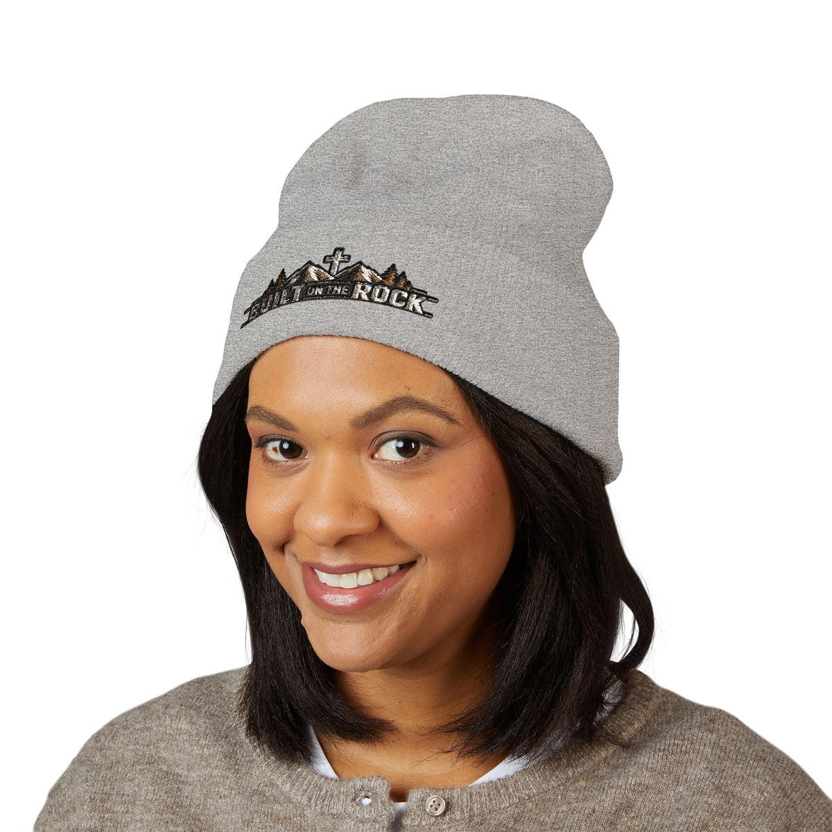 Built on the Rock — Mountain Cross Embroidered Cuffed Beanie