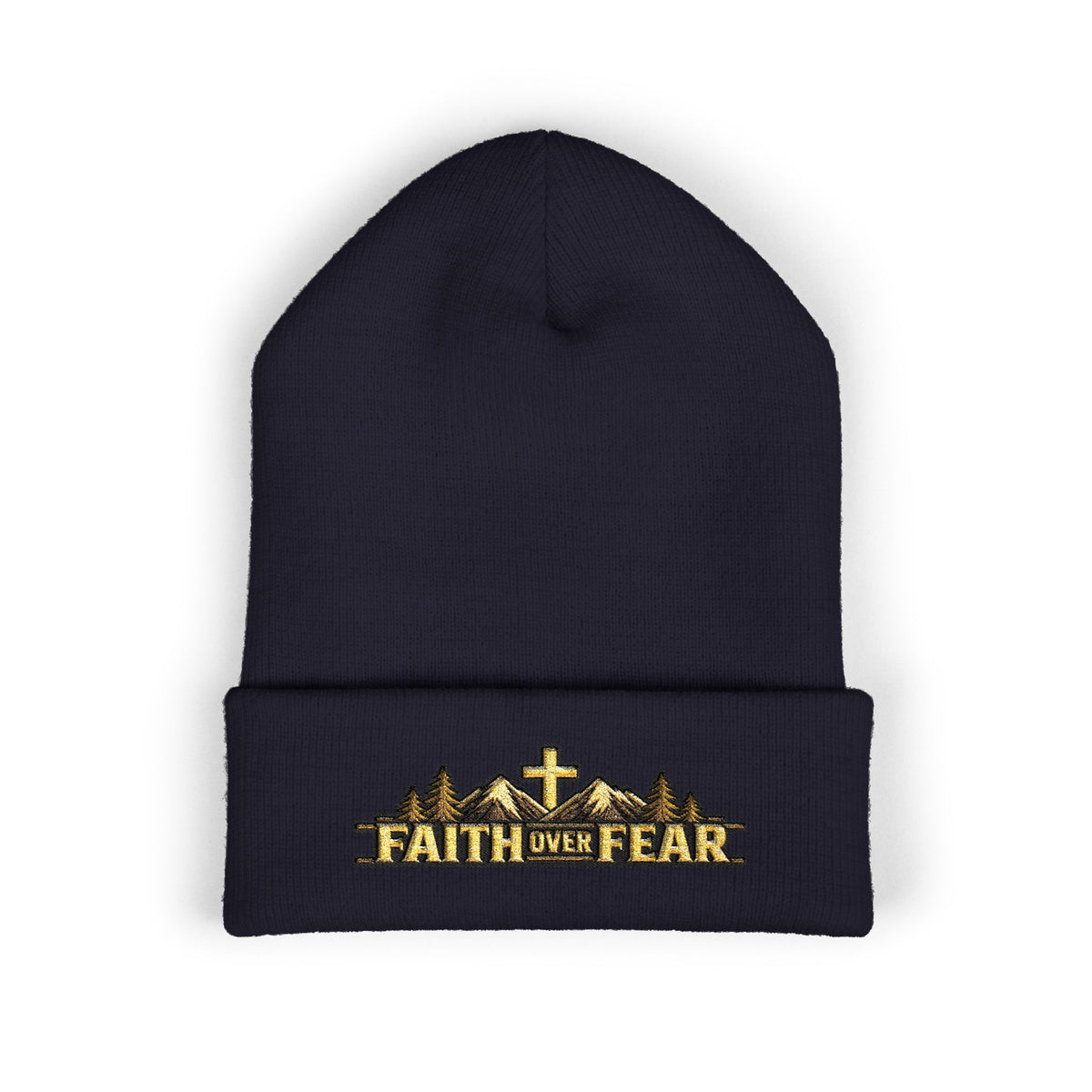 Faith Over Fear — Mountain Cross Embroidered Cuffed Beanie
