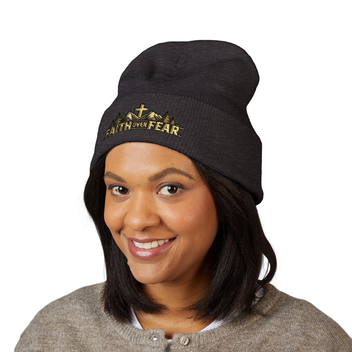 Faith Over Fear — Mountain Cross Embroidered Cuffed Beanie