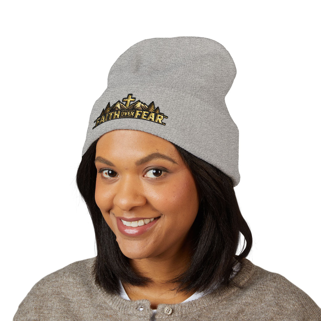 Faith Over Fear — Mountain Cross Embroidered Cuffed Beanie