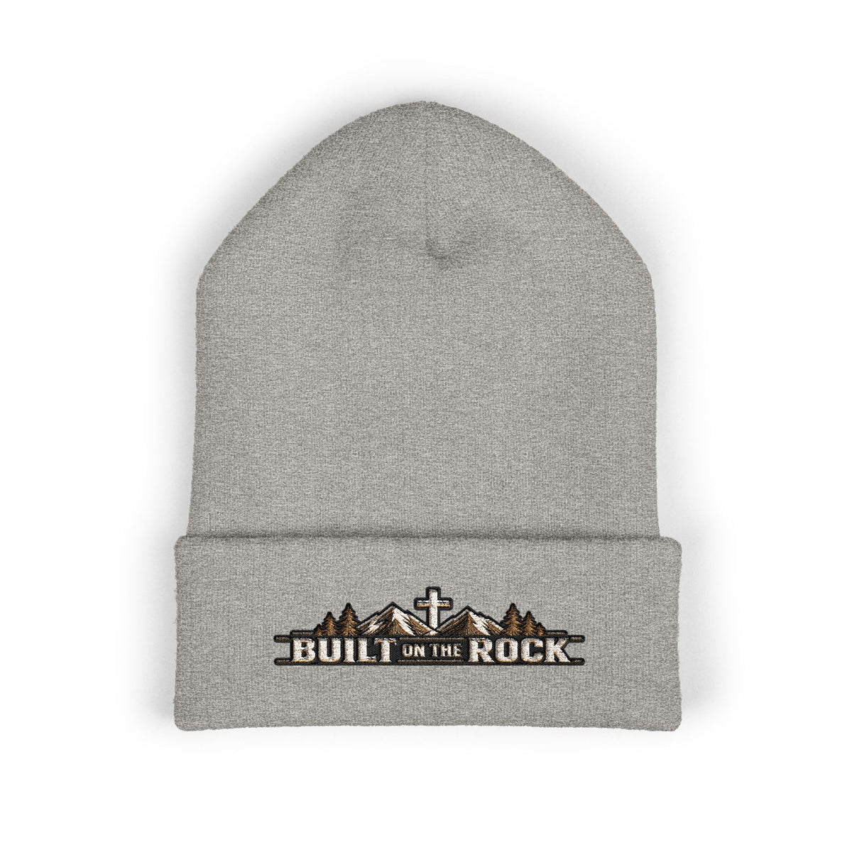 Built on the Rock — Mountain Cross Embroidered Cuffed Beanie