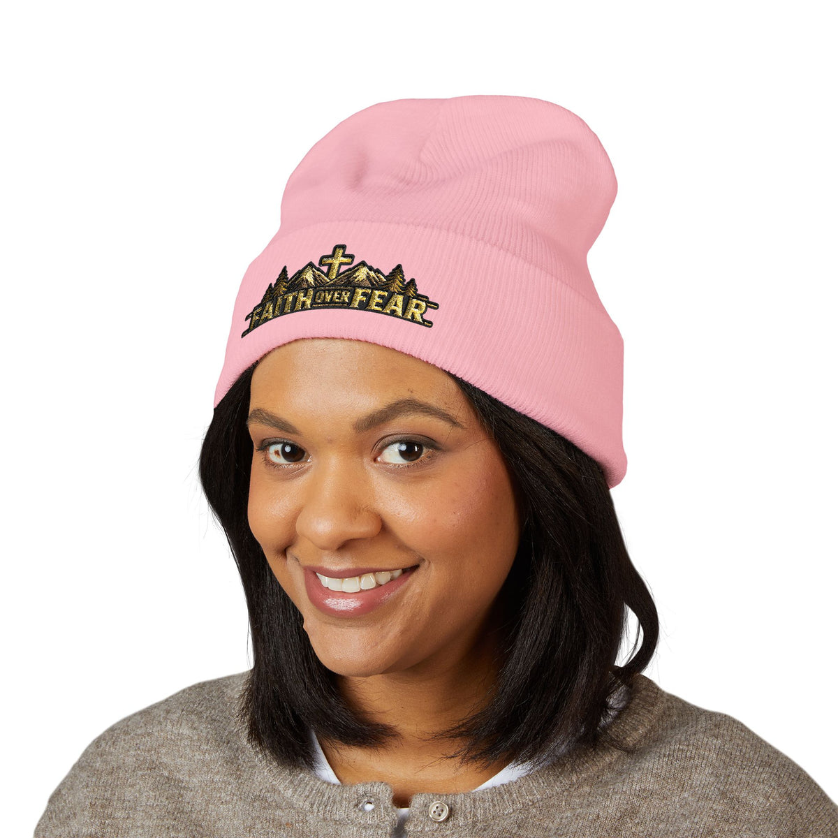 Faith Over Fear — Mountain Cross Embroidered Cuffed Beanie