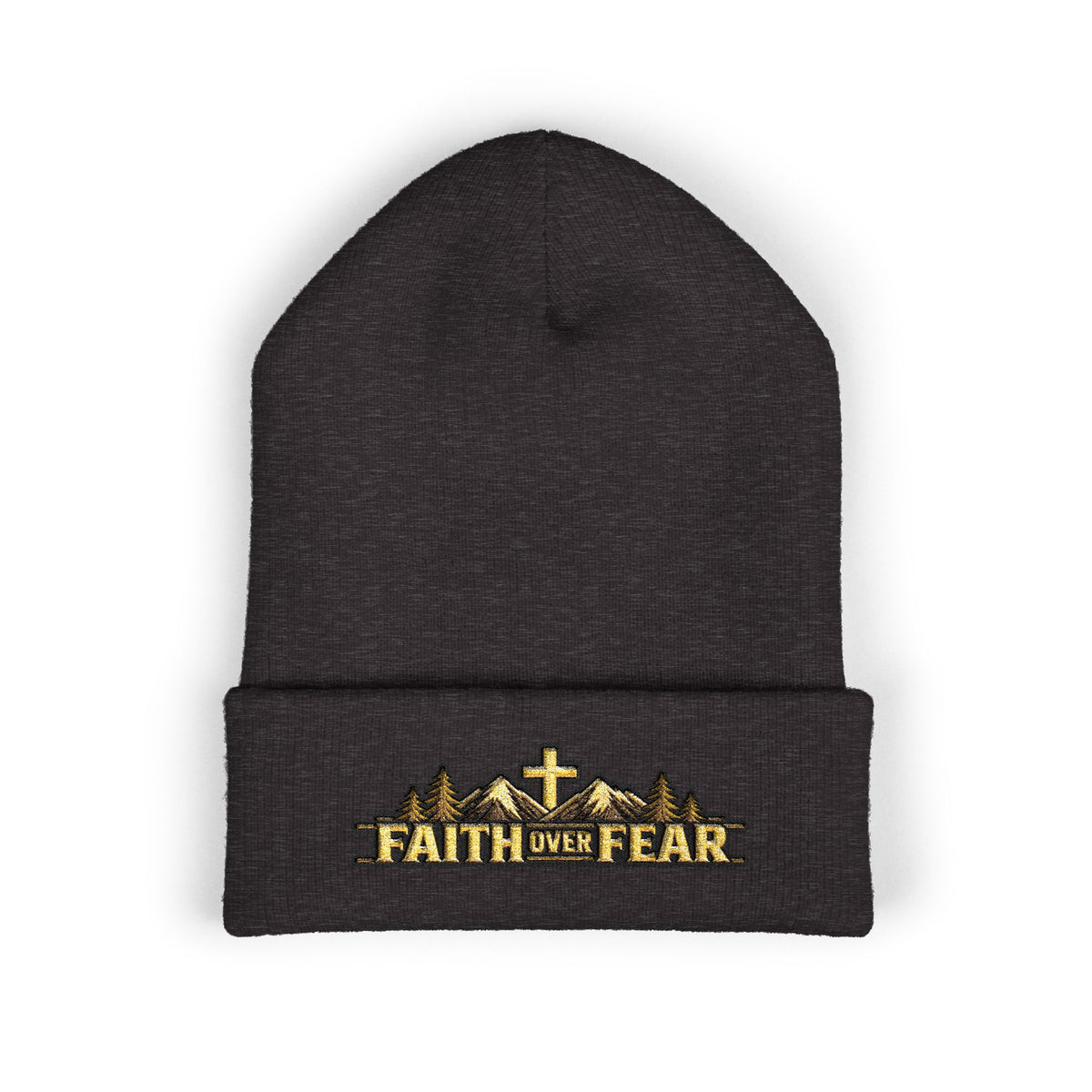 Faith Over Fear — Mountain Cross Embroidered Cuffed Beanie