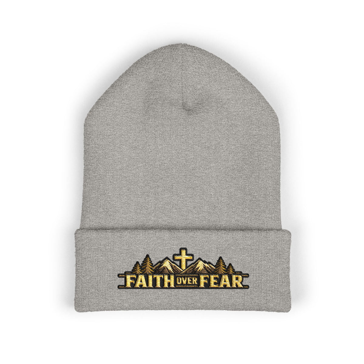 Faith Over Fear — Mountain Cross Embroidered Cuffed Beanie